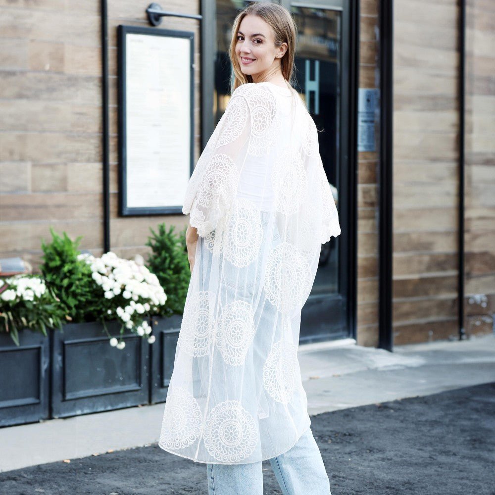 Long Lace Embroidered Kimono With Front Tie - White - The Mustard Seed Collection, The Seed