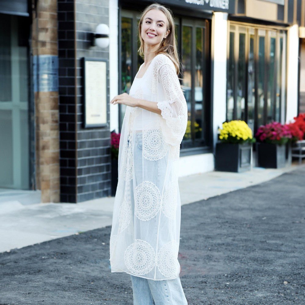 Long Lace Embroidered Kimono With Front Tie - White - The Mustard Seed Collection, The Seed