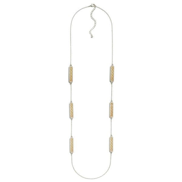 Long Metal Chain Link Necklace Featuring Laser Cut Flower Bar Charms Silver Gold