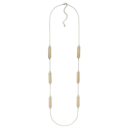 Long Metal Chain Link Necklace Featuring Laser Cut Flower Bar Charms Silver Gold