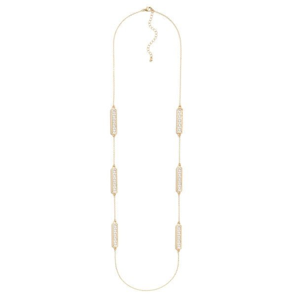 Long Metal Chain Link Necklace Featuring Laser Cut Flower Bar Charms Gold Silver