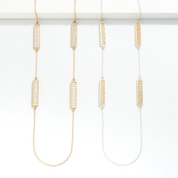 Long Metal Chain Link Necklace Featuring Laser Cut Flower Bar Charms - The Mustard Seed Collection, The Seed
