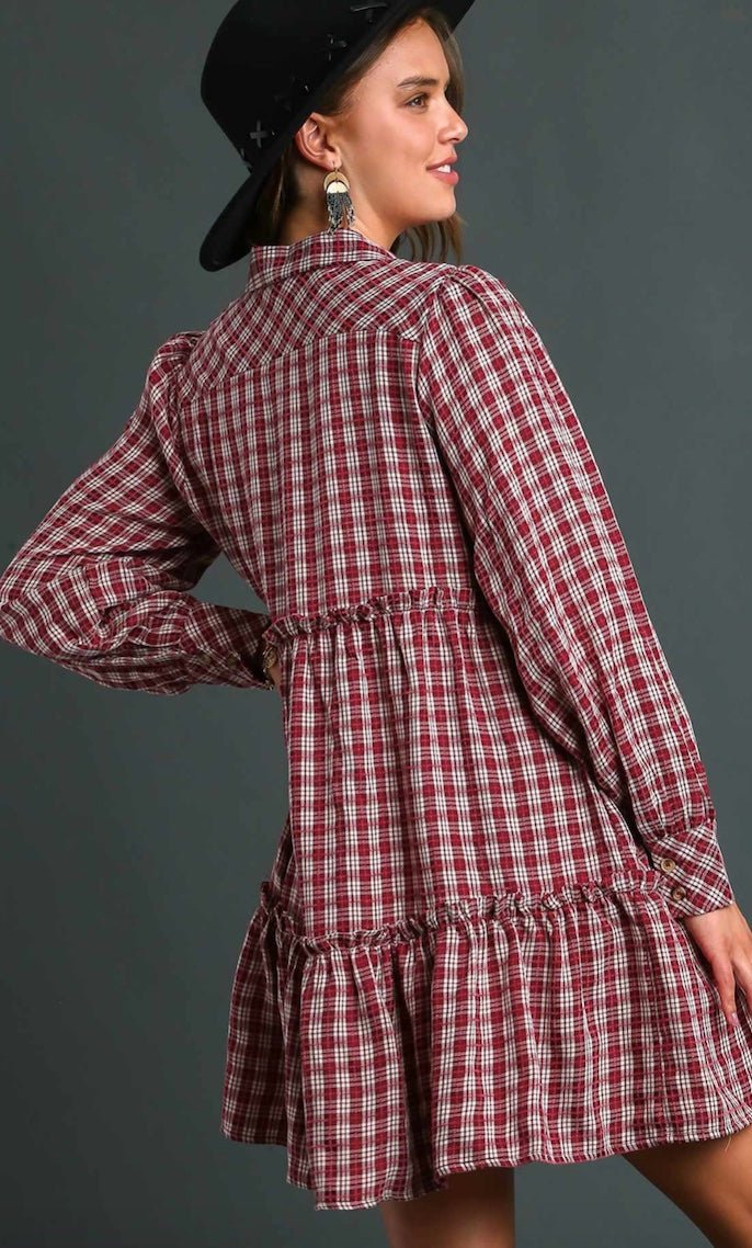Long Sleeve Ruffle Plaid Dress