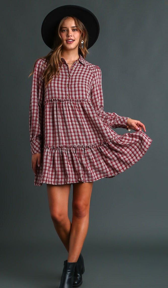 Long Sleeve Ruffle Plaid Dress