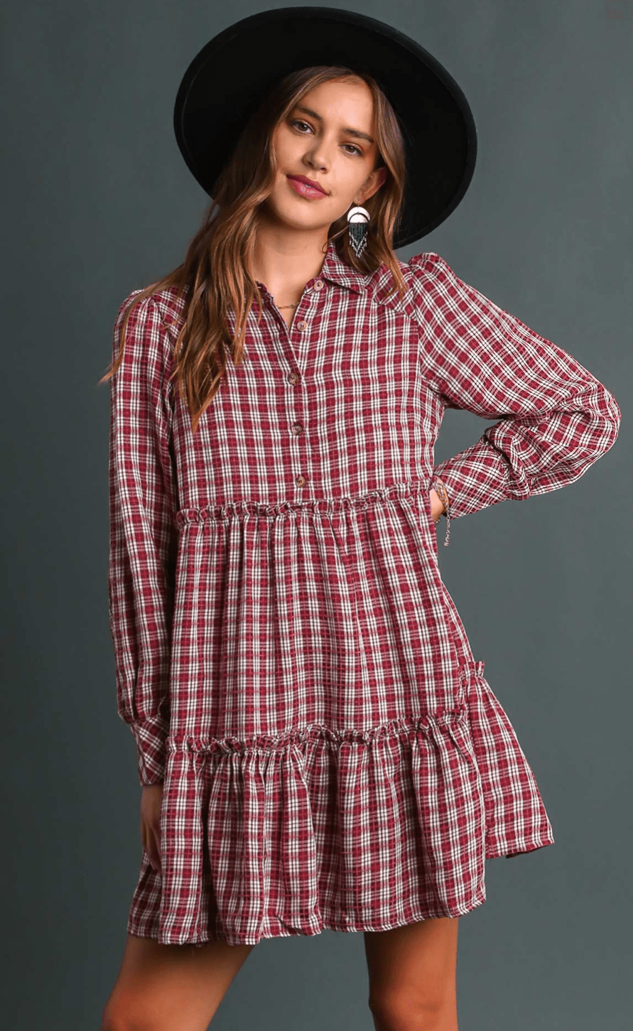 Long Sleeve Ruffle Plaid Dress Merlot