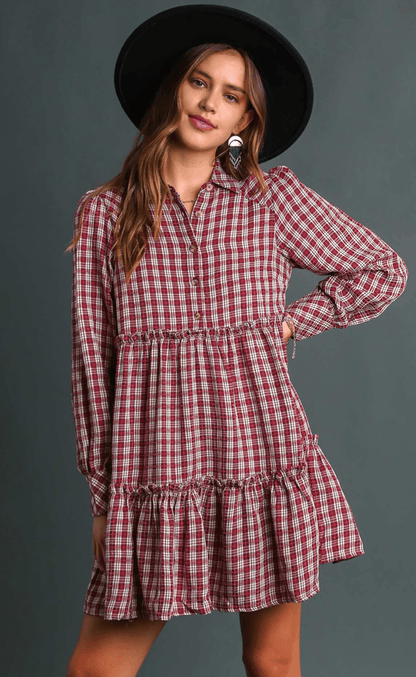 Long Sleeve Ruffle Plaid Dress Merlot