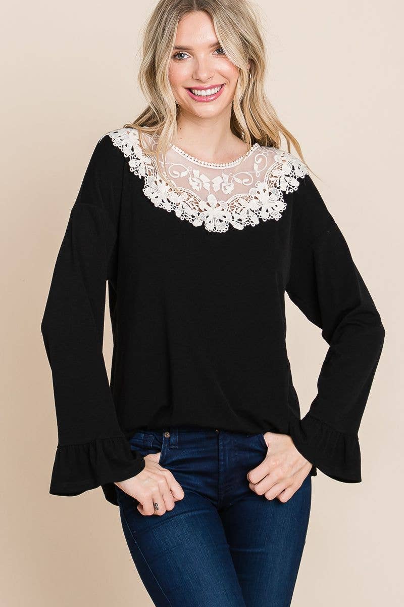 Long Sleeve Top with Lace Patch: Black - The Mustard Seed Collection, The Seed