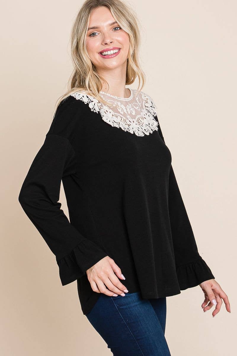Long Sleeve Top with Lace Patch: Black - The Mustard Seed Collection, The Seed