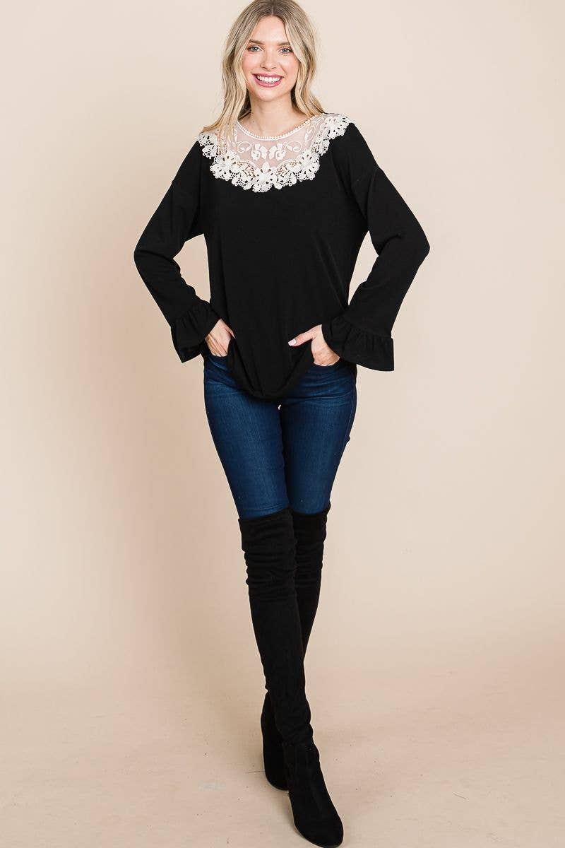 Long Sleeve Top with Lace Patch: Black - The Mustard Seed Collection, The Seed