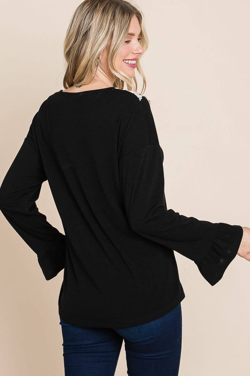 Long Sleeve Top with Lace Patch: Black - The Mustard Seed Collection, The Seed