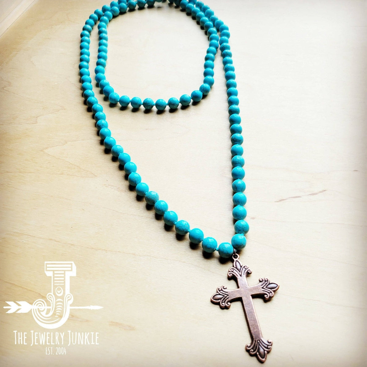 Long Turquoise Beaded Necklace w/ Copper Cross - The Mustard Seed Collection, The Seed