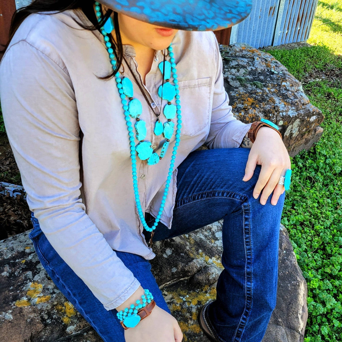 Long Turquoise Beaded Necklace w/ Copper Cross - The Mustard Seed Collection, The Seed