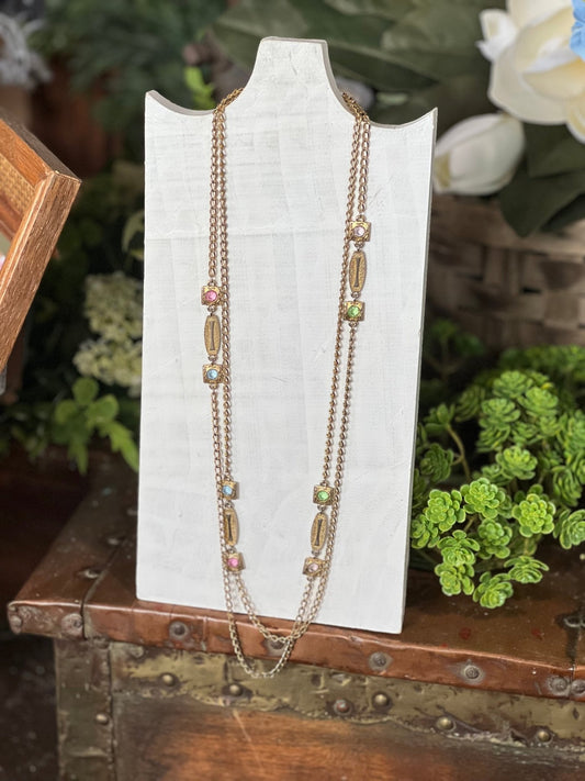 Long Vintage Necklace with Pastel Stones