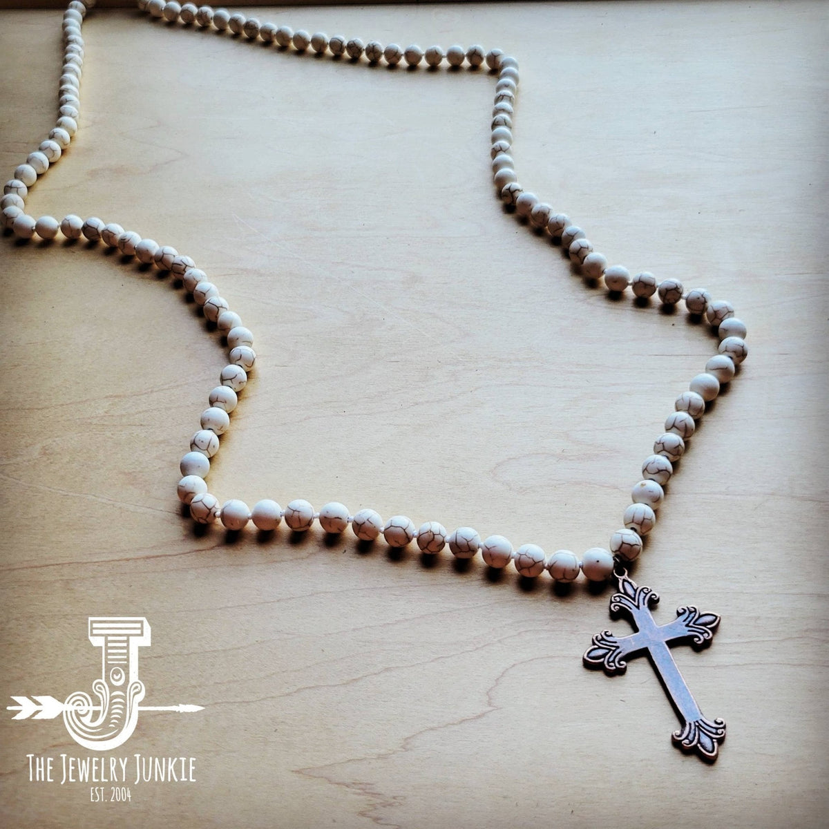 Long White Turquoise Beaded Necklace w/ Copper Cross Pendant - The Mustard Seed Collection, The Seed