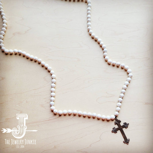 Long White Turquoise Beaded Necklace w/ Copper Cross Pendant - The Mustard Seed Collection, The Seed