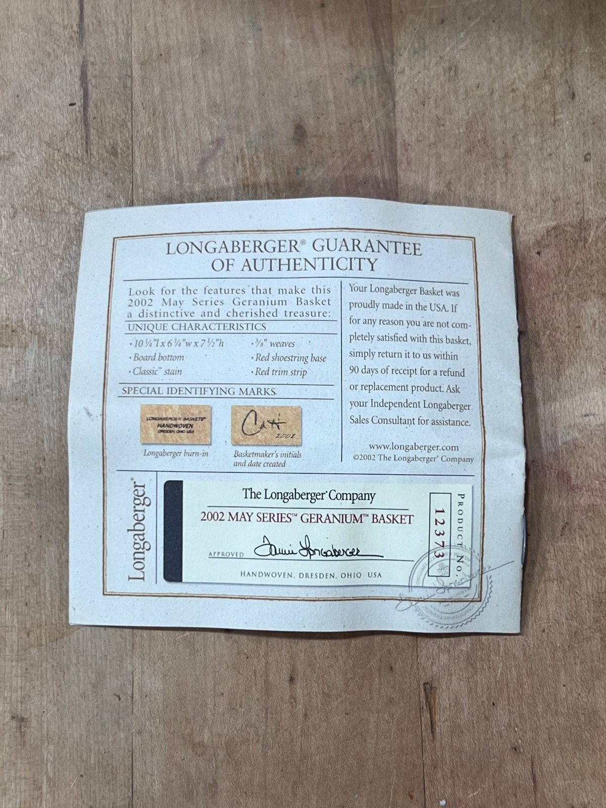 Longaberger 2002 May Series Geranium Basket with a Fabric & Plastic Liner 