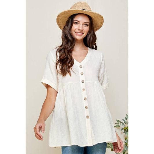 Loose Fit Ivory V-Neck Short Sleeve Button Down Top - The Mustard Seed Collection, The Seed