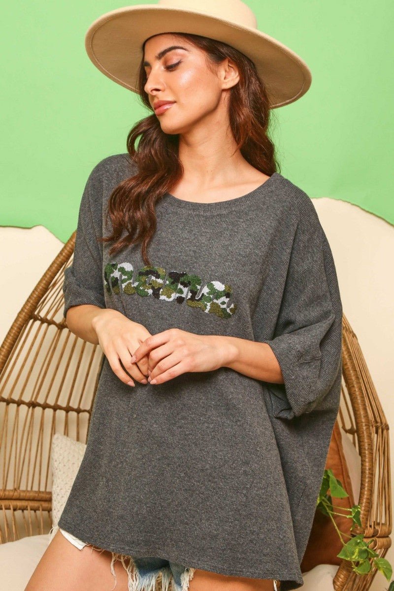 Loose Fit Top with "Mama" Camo Patch - The Mustard Seed Collection, The Seed
