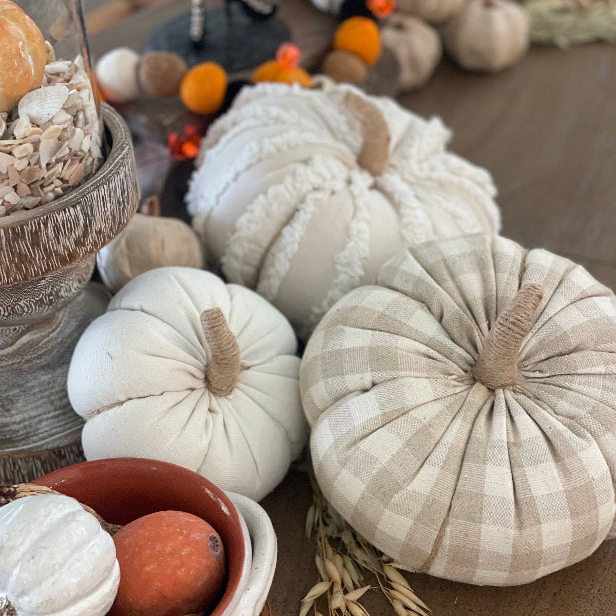 Lrg. Tan Check Fall Fabric Pumpkin - The Mustard Seed Collection, The Seed