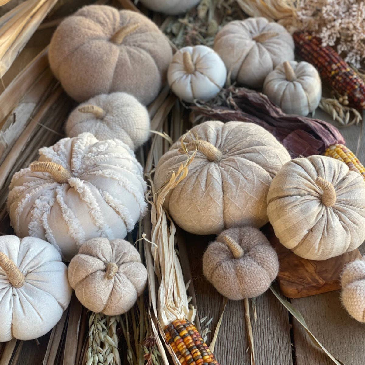Lrg. White Fuzzy Stripes Fall Fabric Pumpkin - The Mustard Seed Collection, The Seed