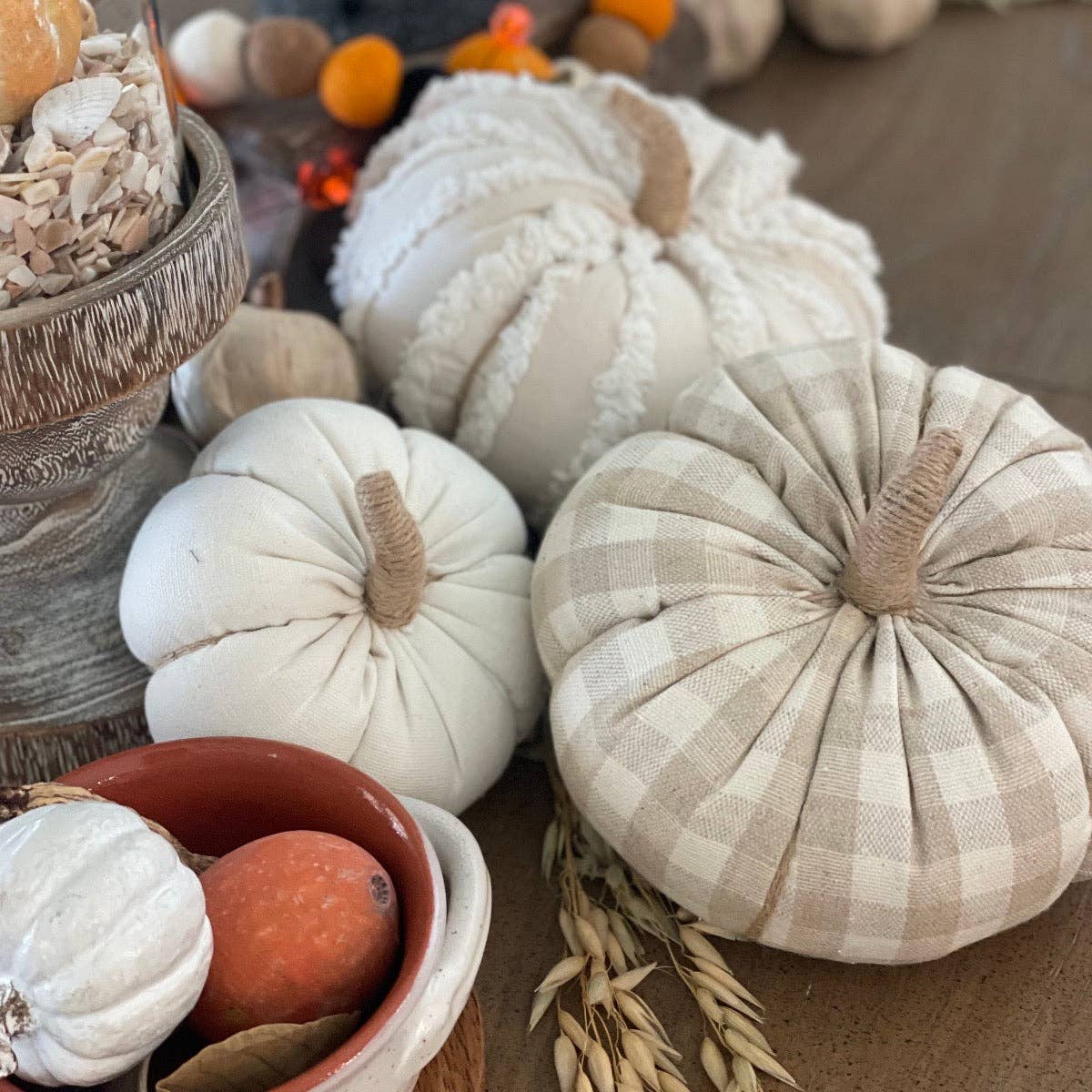 Lrg. White Fuzzy Stripes Fall Fabric Pumpkin - The Mustard Seed Collection, The Seed