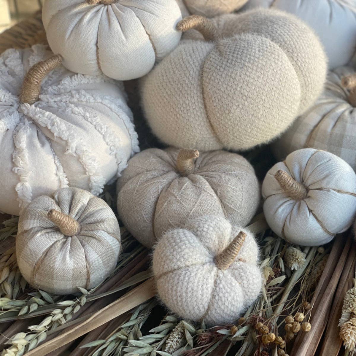 Lrg. White Fuzzy Stripes Fall Fabric Pumpkin - The Mustard Seed Collection, The Seed