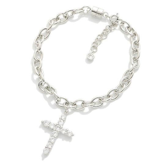 Magnetic Chain Link Bracelet Featuring Cubic Zirconia Cross Charm Silver