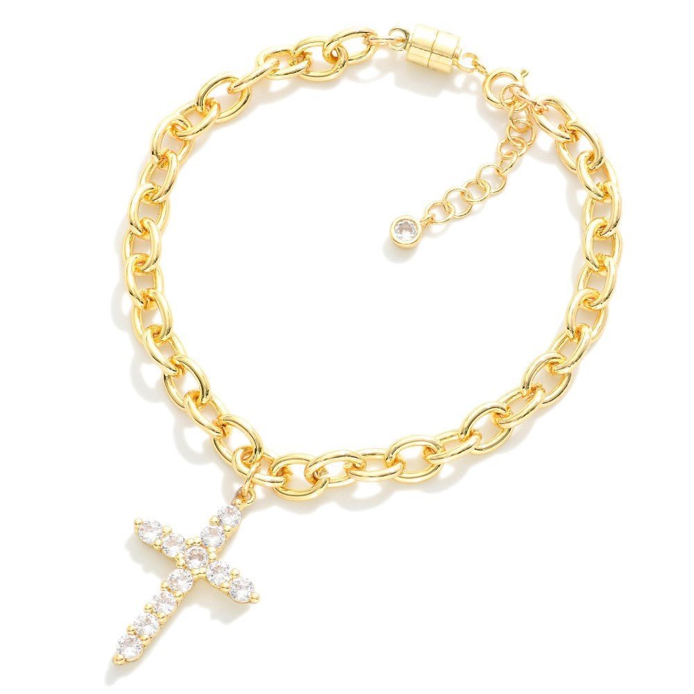 Magnetic Chain Link Bracelet Featuring Cubic Zirconia Cross Charm - The Mustard Seed Collection, The Seed