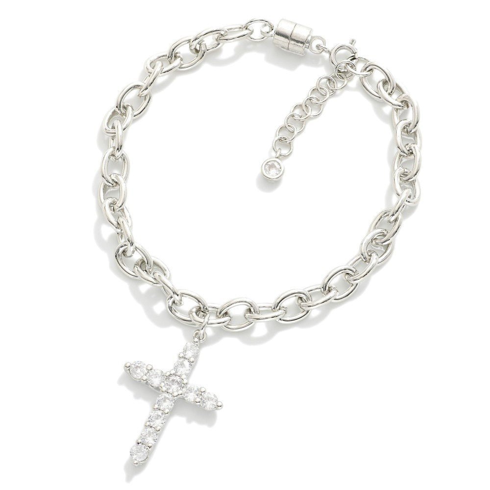 Magnetic Chain Link Bracelet Featuring Cubic Zirconia Cross Charm - The Mustard Seed Collection, The Seed