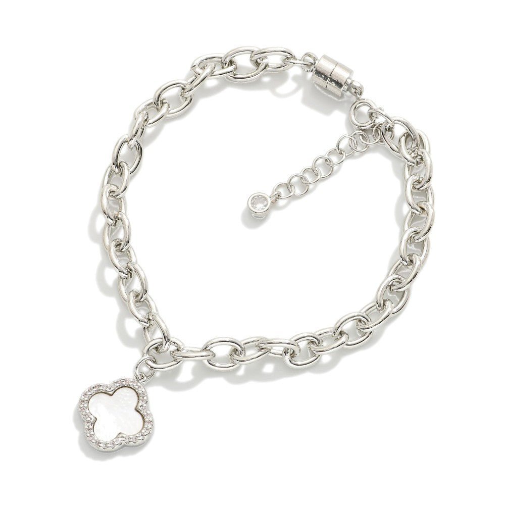 Magnetic Chain Link Bracelet Featuring Cubic Zirconia & Pearl Clover Charm - The Mustard Seed Collection, The Seed