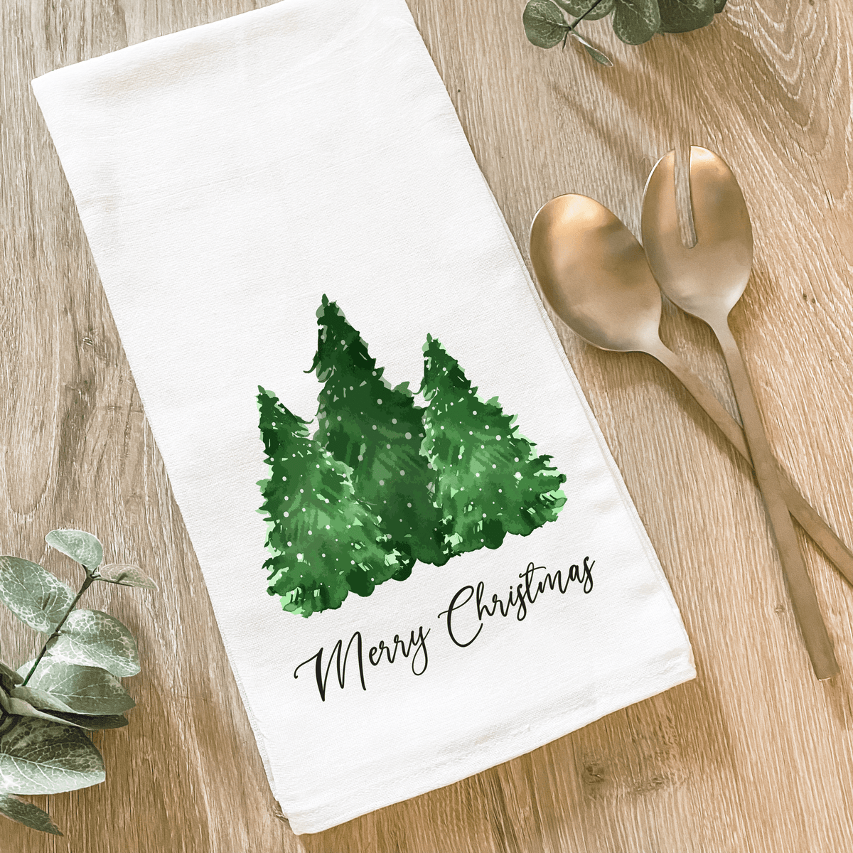 Merry Christmas Pine Trees - Cotton Tea Towel - The Mustard Seed Collection, The Seed