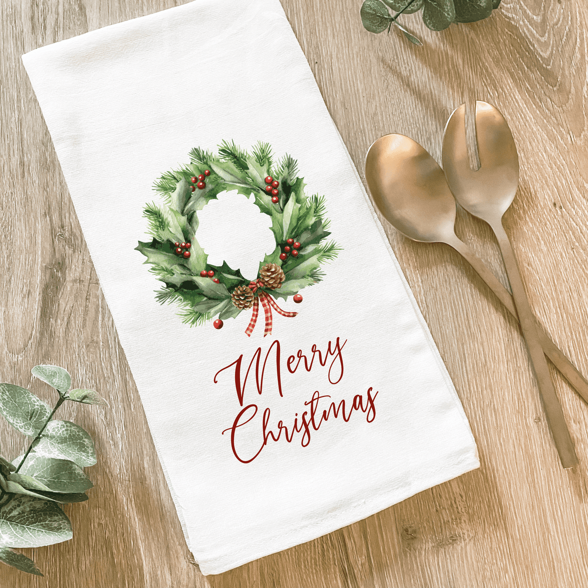 Merry Christmas Wreath - Cotton Tea Towel - The Mustard Seed Collection, The Seed