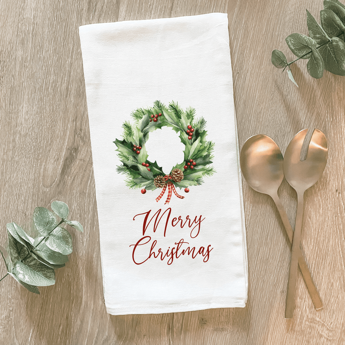 Merry Christmas Wreath - Cotton Tea Towel - The Mustard Seed Collection, The Seed