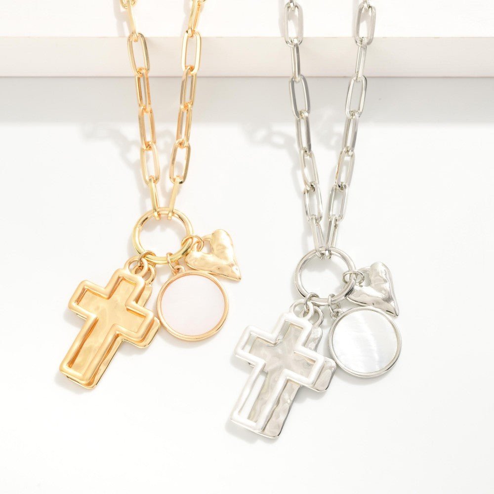 Metal Paperclip Chain Link Necklace Featuring Cross, Heart and Pearlescent Circle Pendants