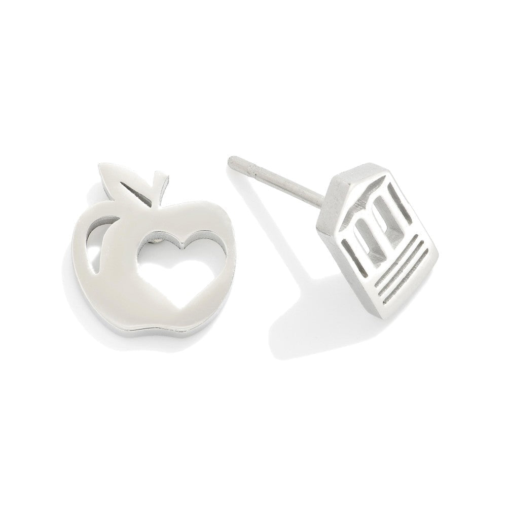 Metal Tone Apple & Pencil Stud Earrings 