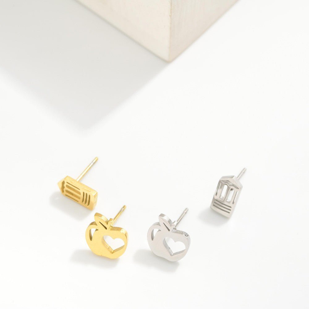 Metal Tone Apple & Pencil Stud Earrings 