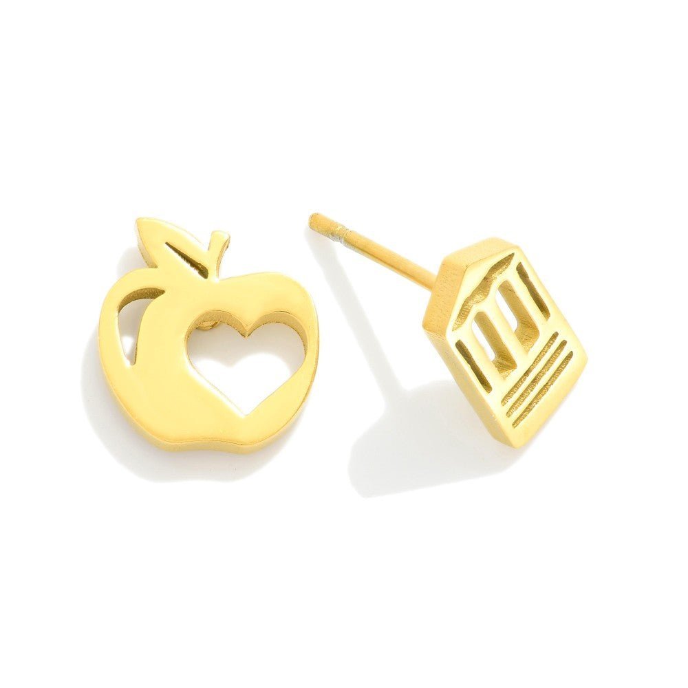 Metal Tone Apple & Pencil Stud Earrings 