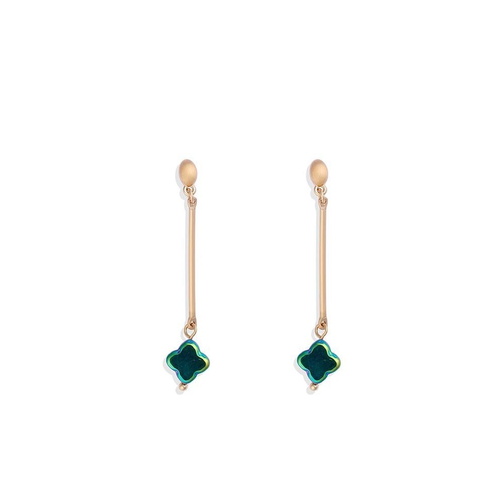Metal Tone Bar Post Drop Earrings Featuring Translucent Clover Dangle 