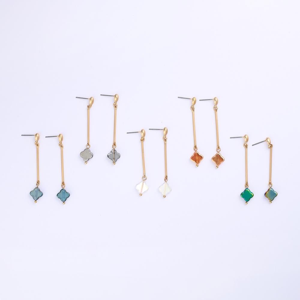 Metal Tone Bar Post Drop Earrings Featuring Translucent Clover Dangle 