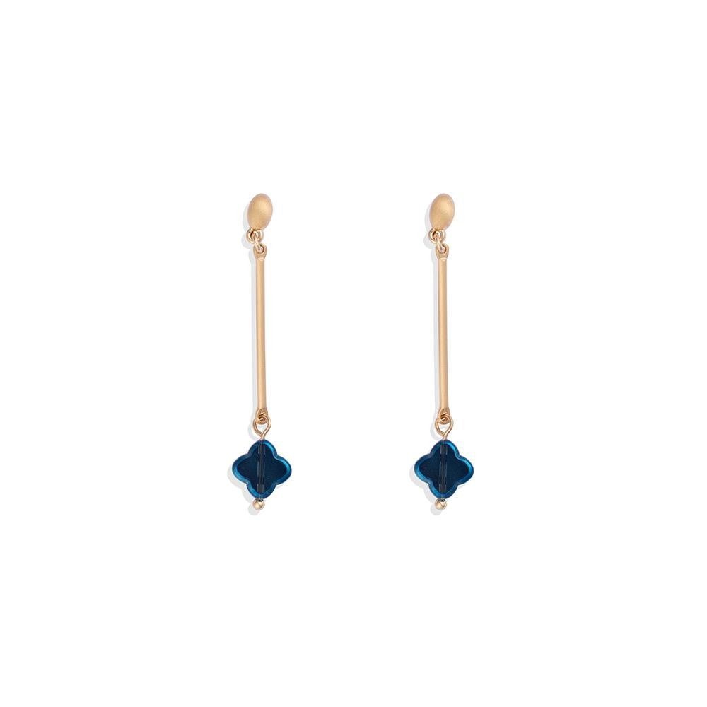 Metal Tone Bar Post Drop Earrings Featuring Translucent Clover Dangle 