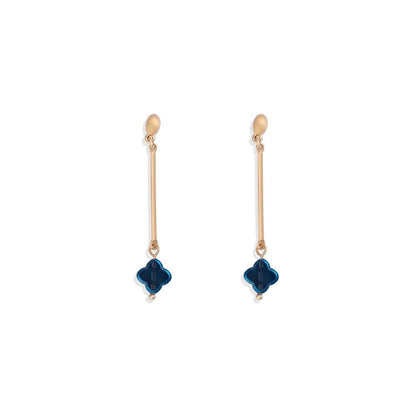 Metal Tone Bar Post Drop Earrings Featuring Translucent Clover Dangle 