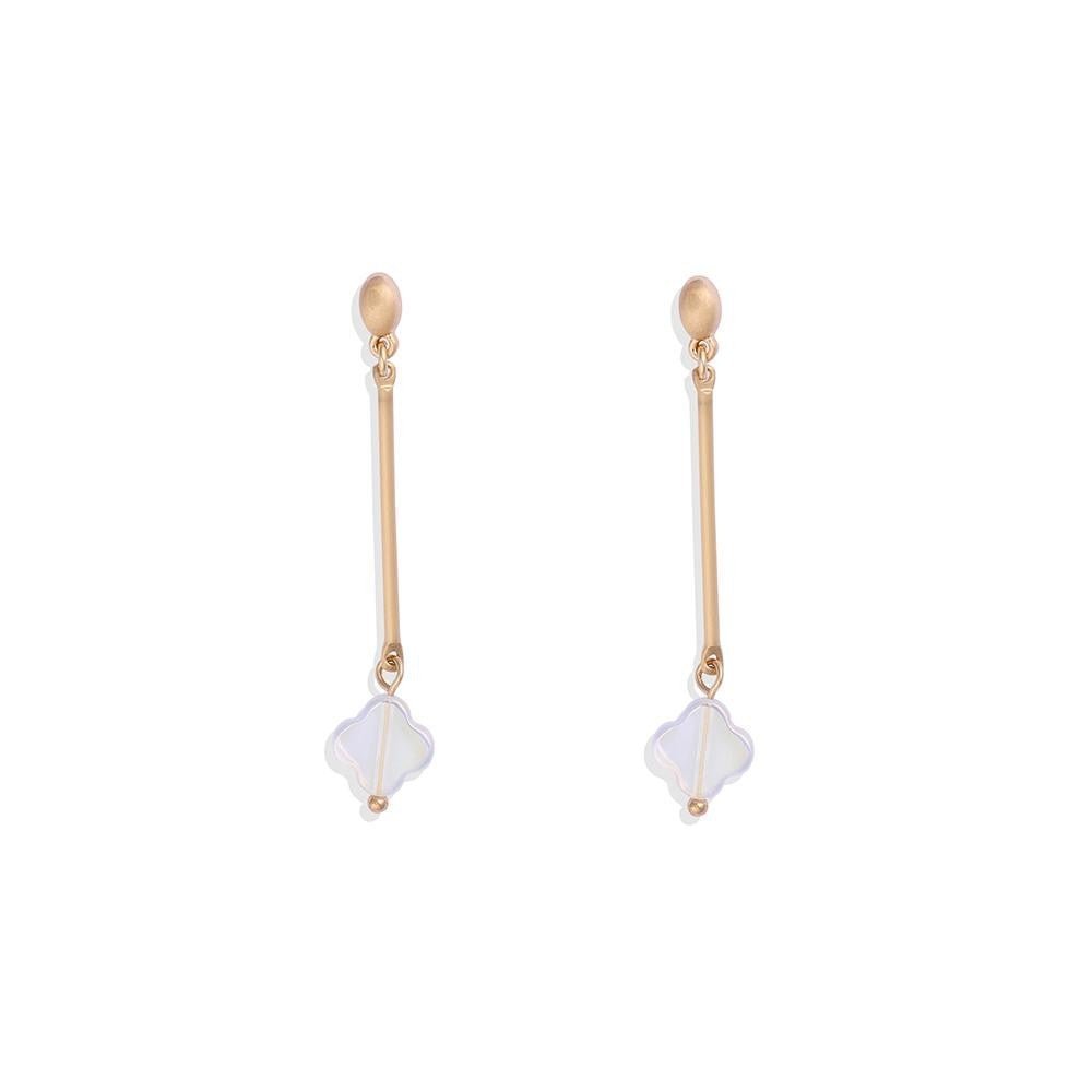 Metal Tone Bar Post Drop Earrings Featuring Translucent Clover Dangle 