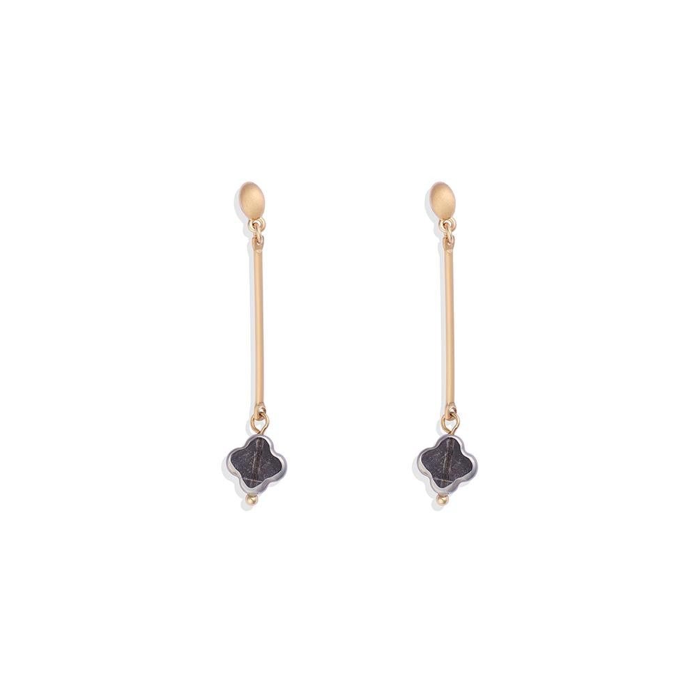Metal Tone Bar Post Drop Earrings Featuring Translucent Clover Dangle 