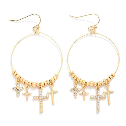 Metal Tone Beaded Wire Hoop Drop Earrings Featuring Rhinestone Crosses - The Mustard Seed Collection, The Seed