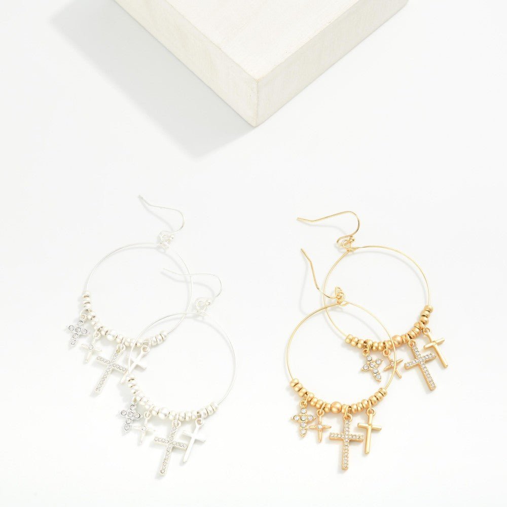 Metal Tone Beaded Wire Hoop Drop Earrings Featuring Rhinestone Crosses - The Mustard Seed Collection, The Seed