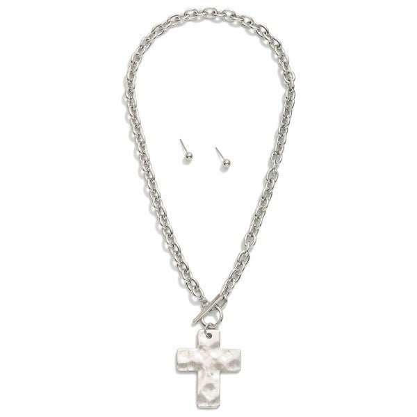 Metal Tone Chain Link Necklace Featuring Gold Tone Hammered Cross Pendent & Toggle Clasp - The Mustard Seed Collection, The Seed