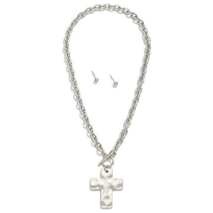 Metal Tone Chain Link Necklace Featuring Gold Tone Hammered Cross Pendent & Toggle Clasp - The Mustard Seed Collection, The Seed