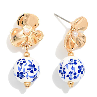 Metal Tone Flower & Linked Chinoiserie Bead Post Drop Earrings 