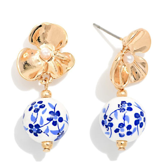Metal Tone Flower & Linked Chinoiserie Bead Post Drop Earrings - The Mustard Seed Collection, The Seed