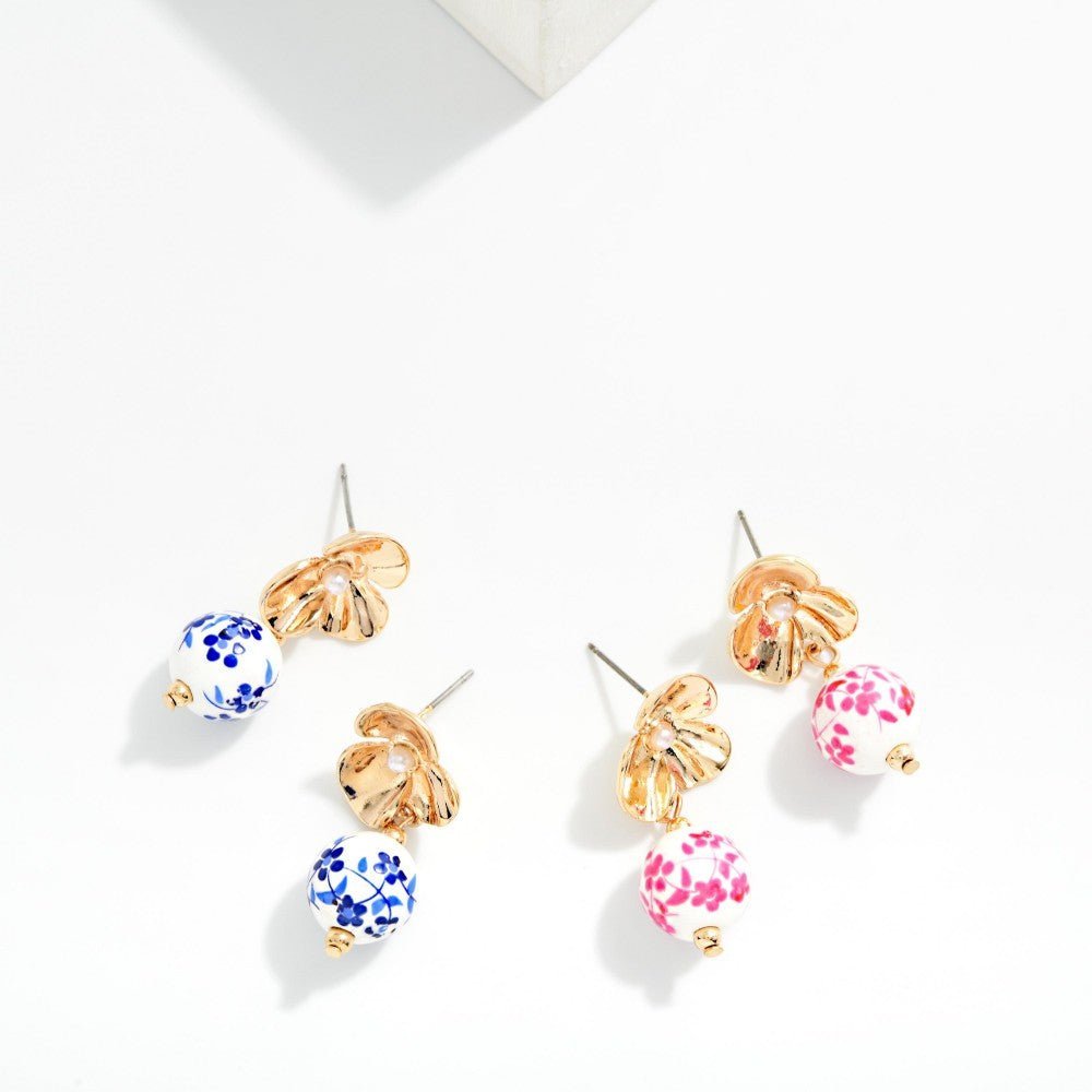 Metal Tone Flower & Linked Chinoiserie Bead Post Drop Earrings 